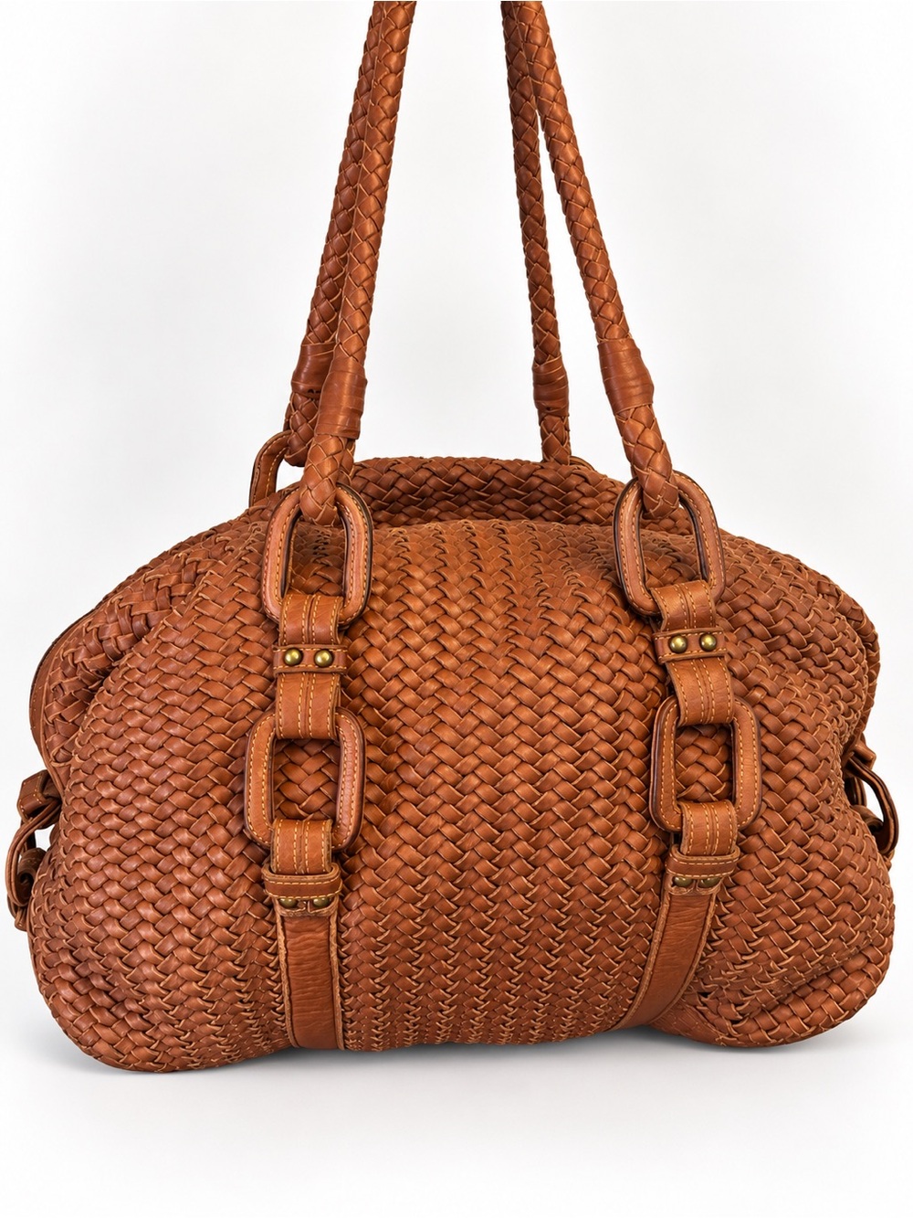 Cole Haan Cognac Brown Woven Leather Satchel Braided Handle Large Handbag